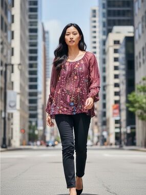 💯 % Silk Embroidered Scoop-Neck Blouse - Wine Floral Made in Italy